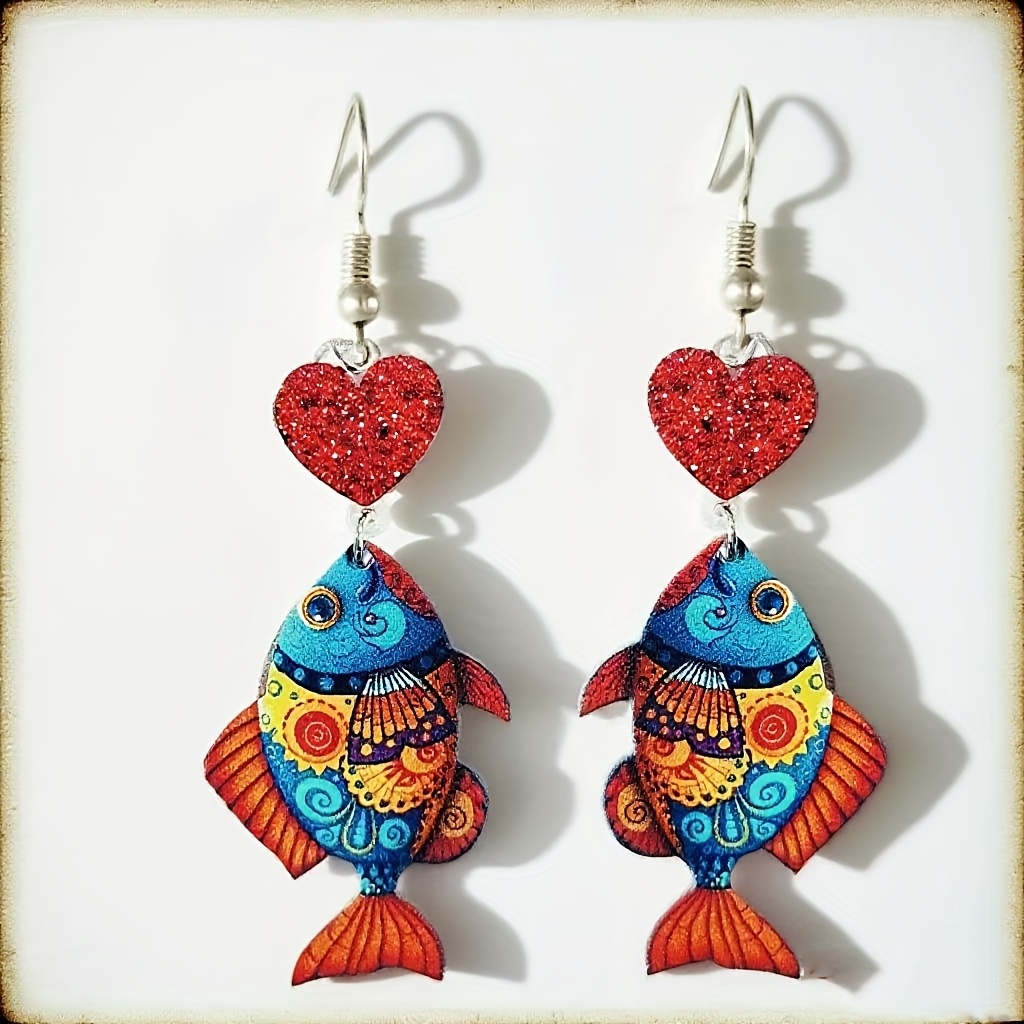 Women's Handmade Iridescent Fish and Heart Pendant Drop Earrings